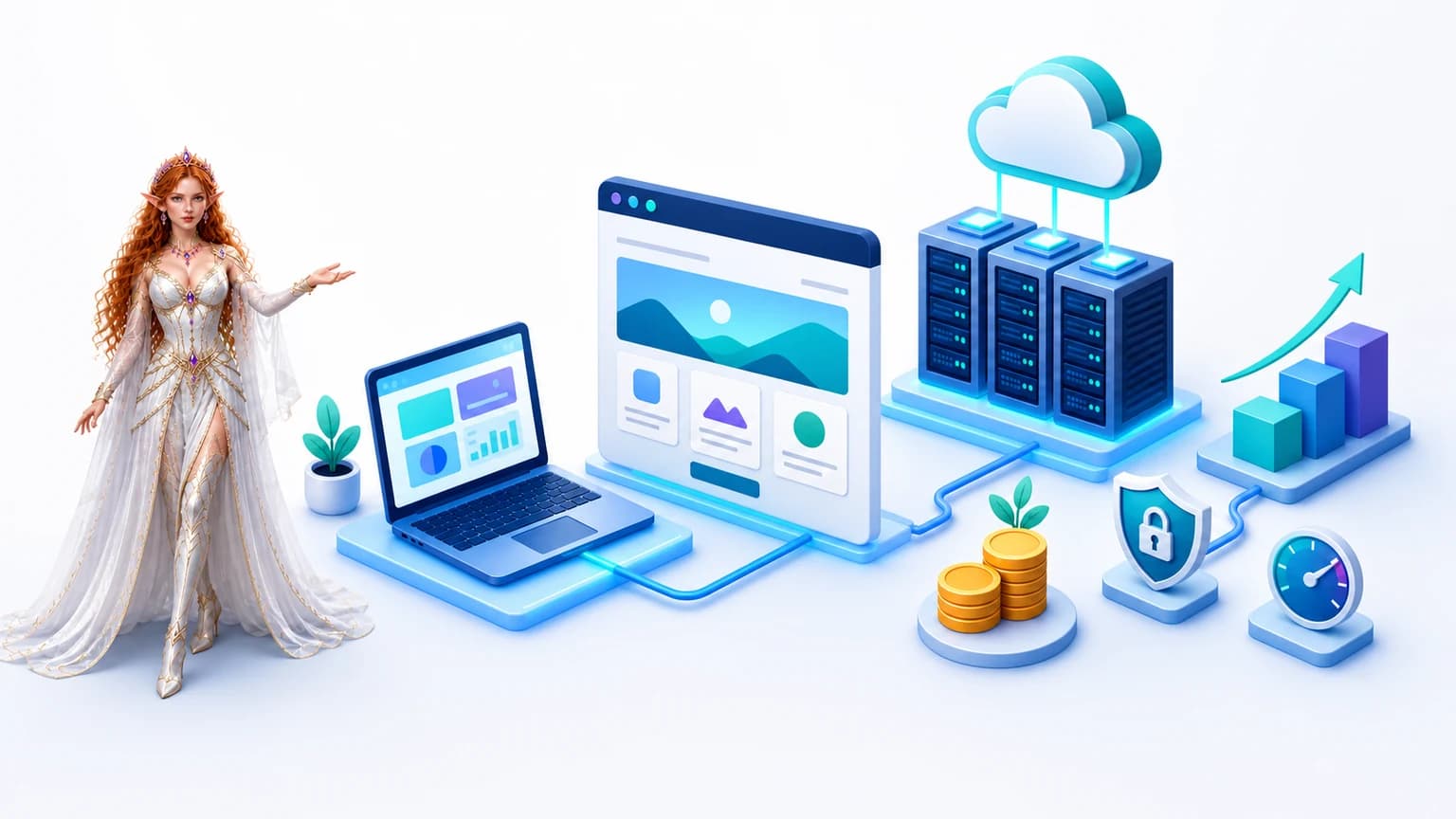 Lily presenting an affordable website connected to shared hosting servers and cloud infrastructure