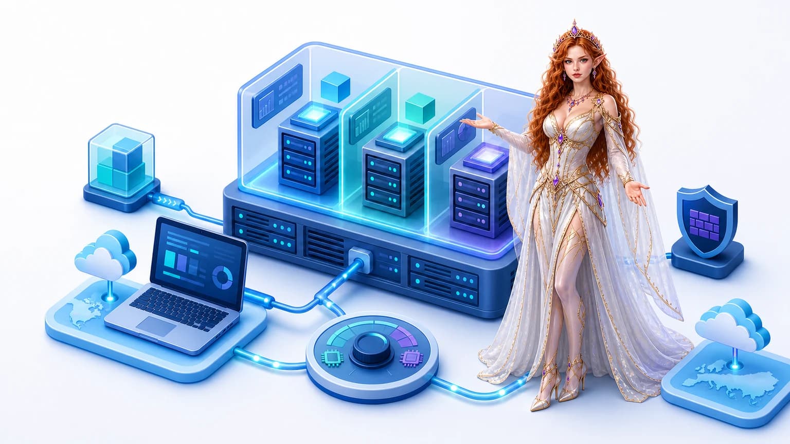 Lily presenting isolated VPS servers, cloud regions, resource controls, a firewall, and a developer workstation