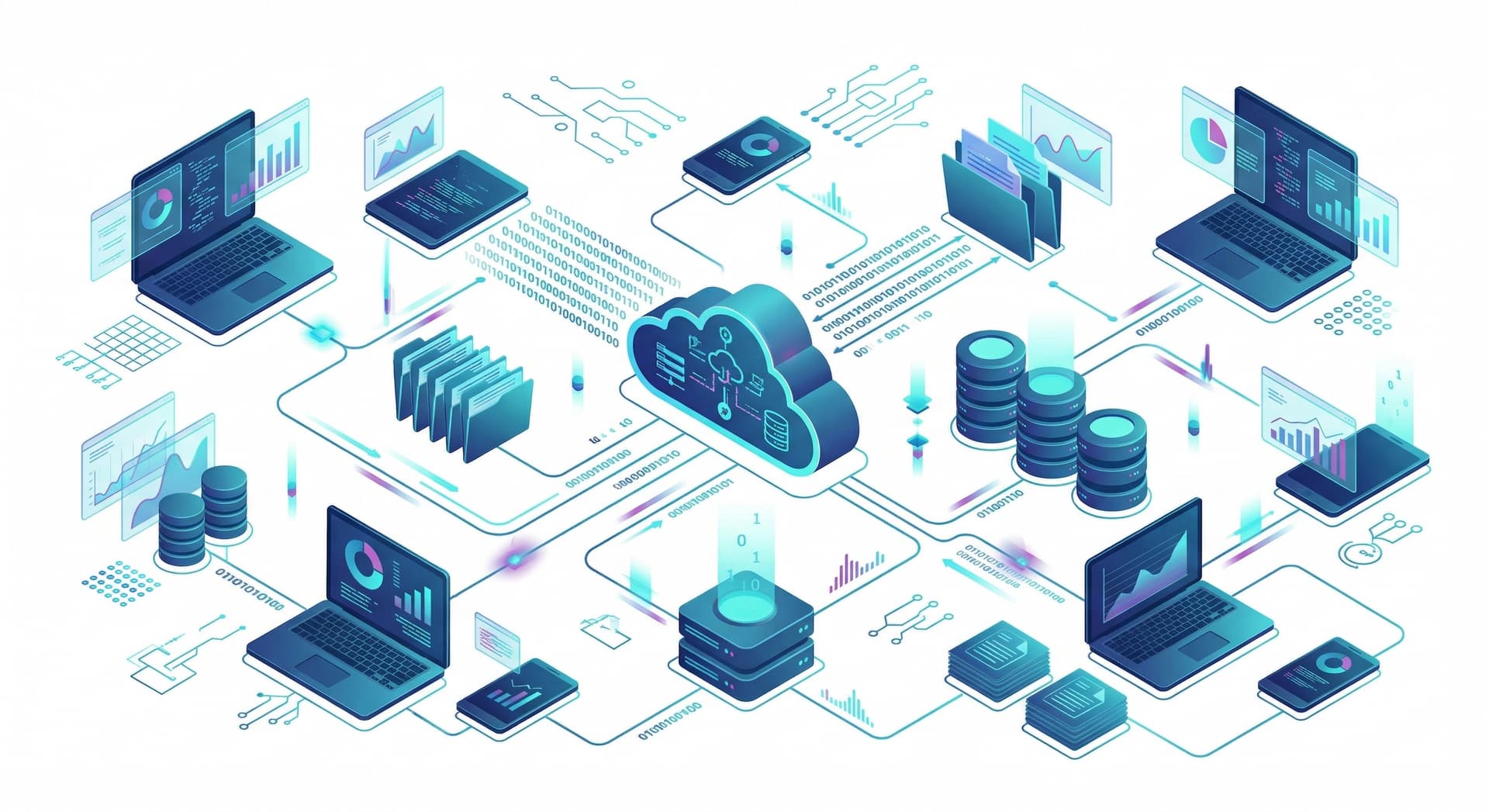 Isometric illustration of computer data as files, databases, charts, binary code, and cloud storage connected across devices
