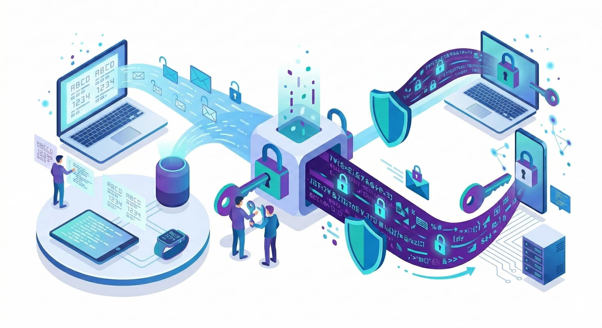 Isometric illustration of encryption showing data turning into protected ciphertext with keys, shields, and secure connections