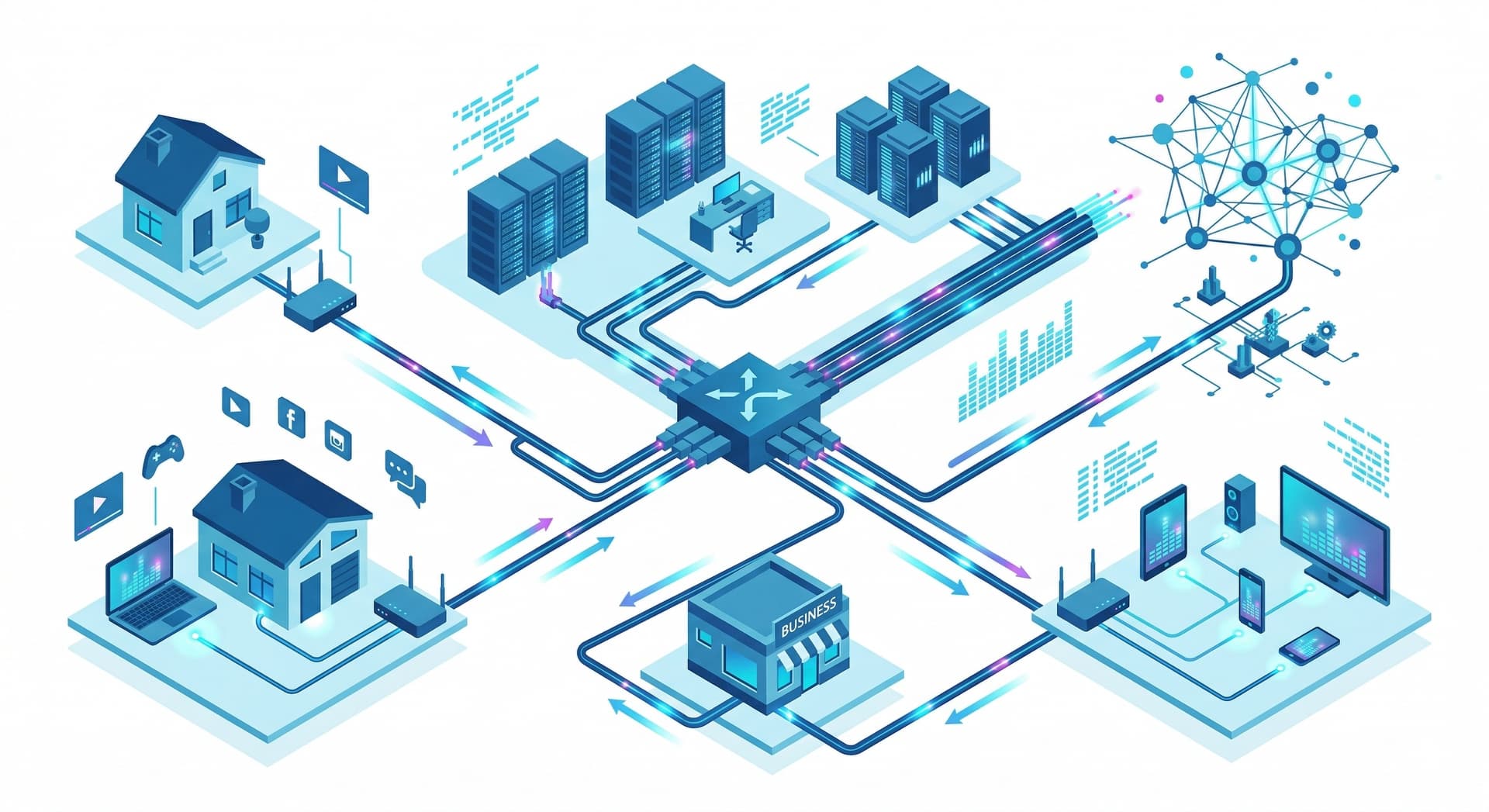 Isometric illustration of fiber optic internet with light pulses traveling through cables into homes, routers, and city networks