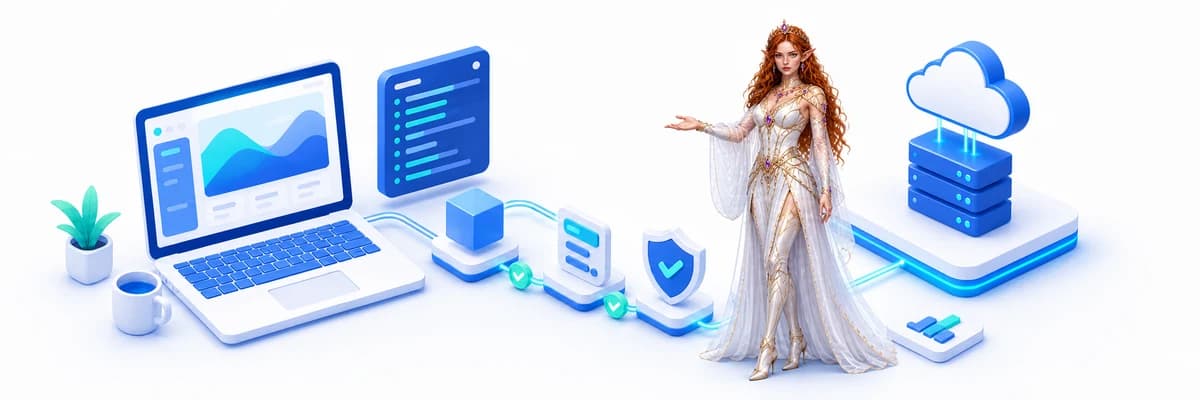 Lily presenting a developer workstation connected to cloud compute, deployment tools, security, and storage