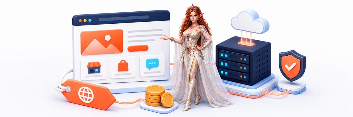 Lily presenting budget website hosting with a domain, shared server, security, and value symbols