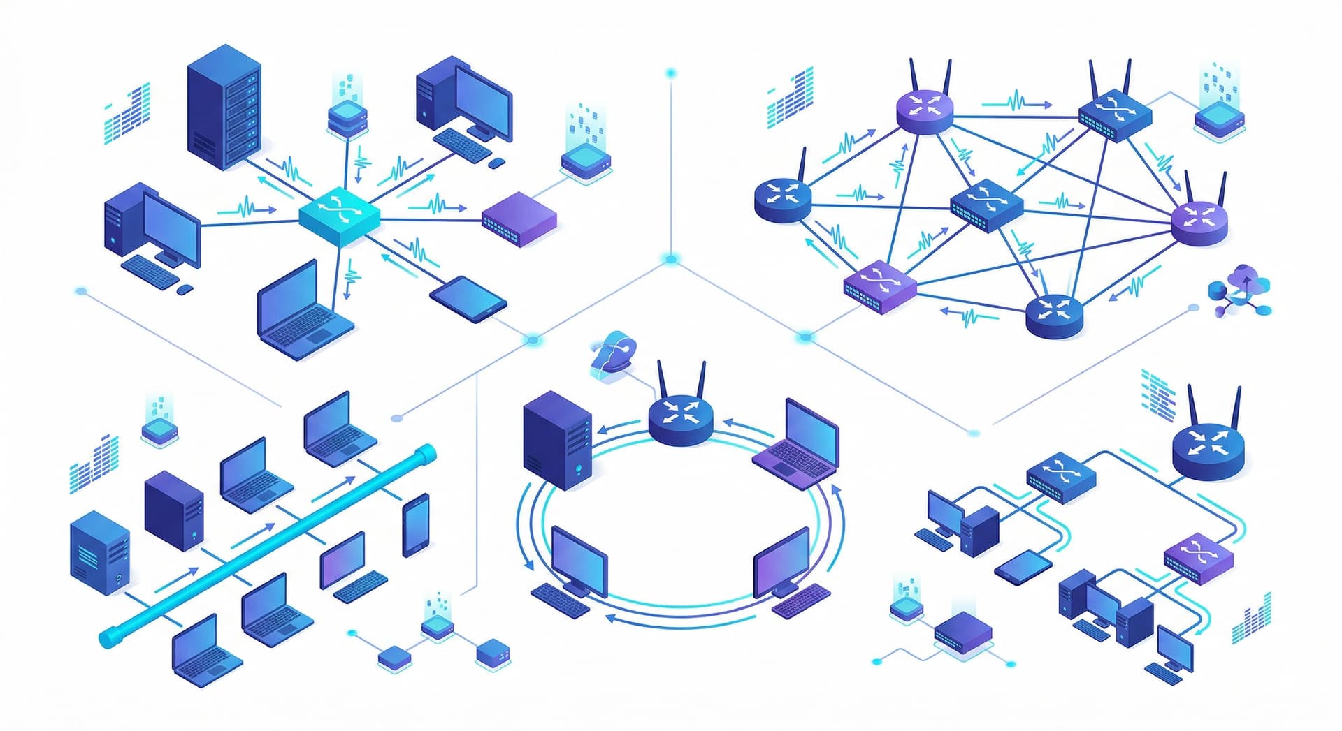Isometric illustration of network topology patterns including star, mesh, ring, bus, and tree layouts