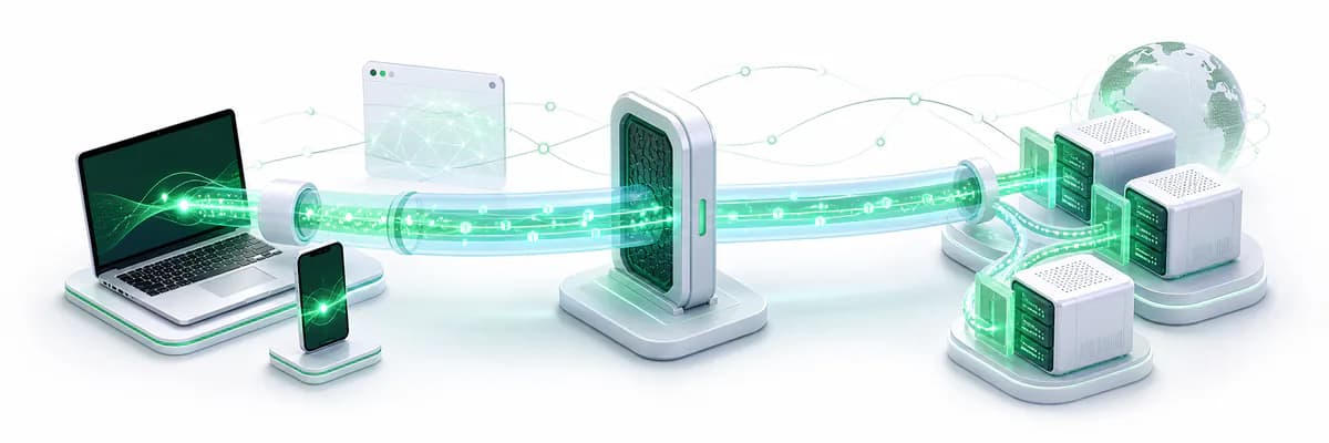 Editorial illustration of encrypted VPN traffic blending into ordinary web connections
