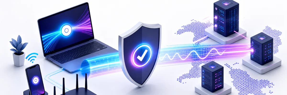 Editorial illustration of a fast encrypted connection from everyday devices to global servers