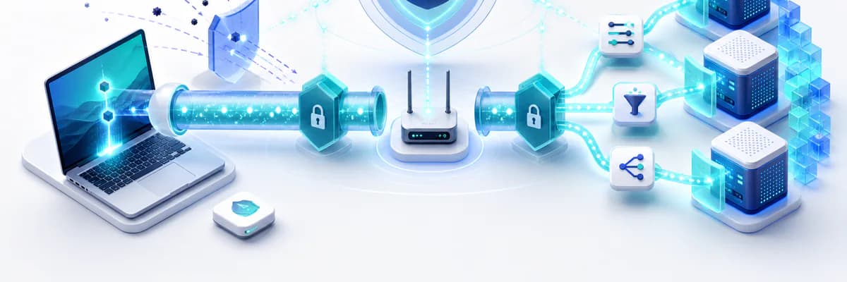 Editorial illustration of private multi-hop routing between a device and secure servers