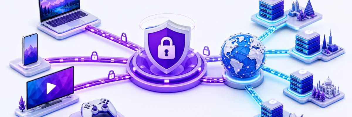 Editorial illustration of protected browsing, streaming, and gaming connections