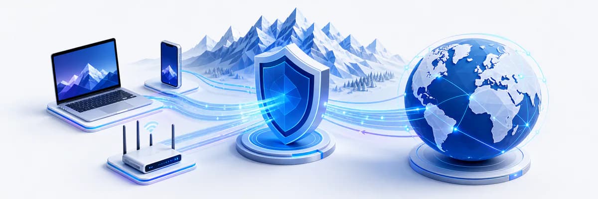 Editorial illustration of a secure global VPN connection protected by a blue shield
