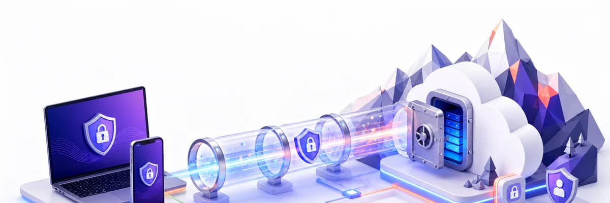 Editorial illustration of devices using an encrypted tunnel to a protected cloud vault