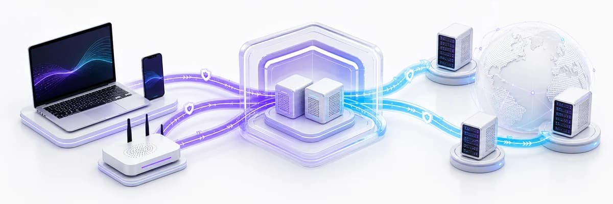 Editorial illustration of devices routing through a protected Secure Core before reaching global VPN servers