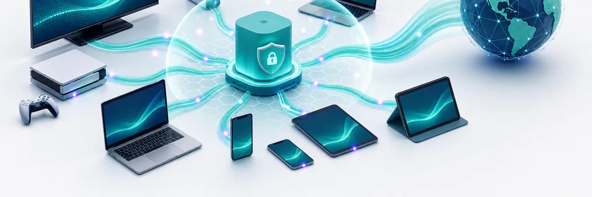 Editorial illustration of many household devices protected by one secure VPN gateway