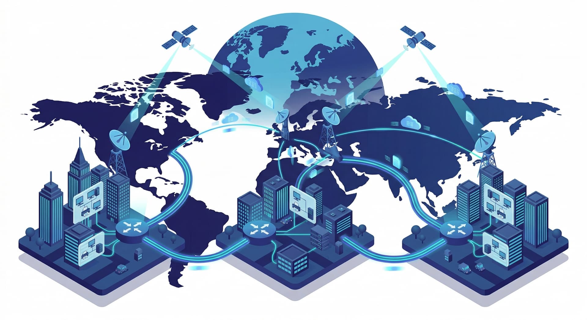 Isometric illustration of a wide area network connecting cities and continents through undersea cables, satellites, and data centers