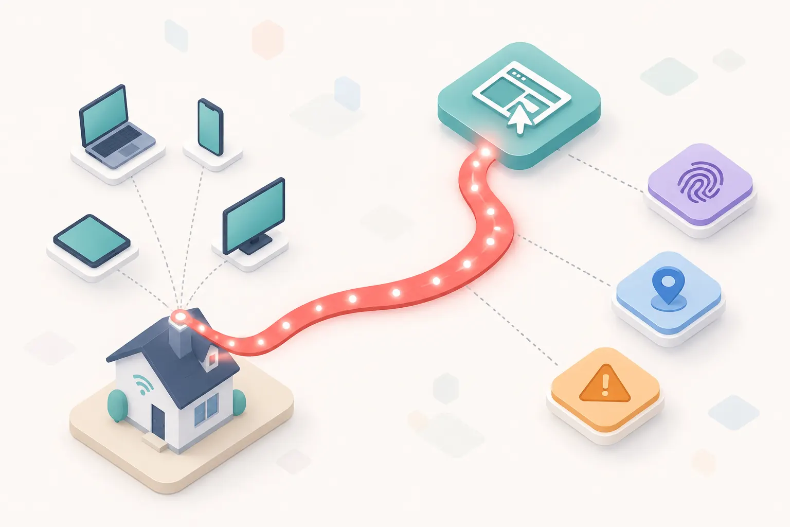 A household's laptop, phone, tablet, and television sharing one public IP address that flows to an advertising platform, linked to device fingerprinting, location, and risk signals