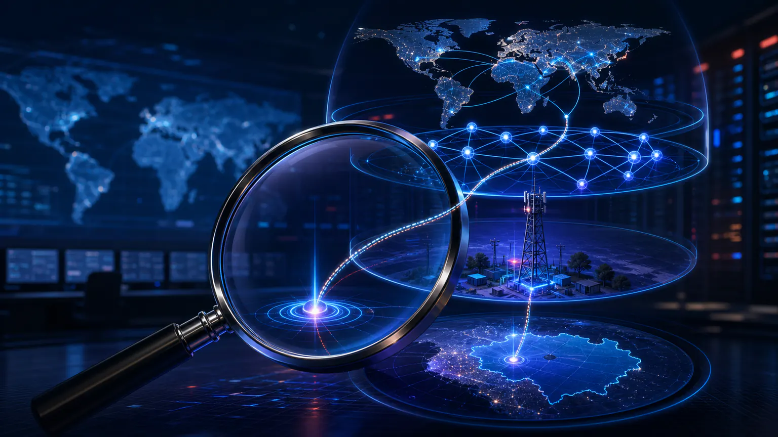 Cinematic illustration of an IP address lookup revealing approximate location, ISP, and network routing context