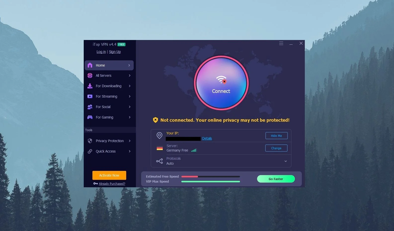 Isometric illustration of iTopVPN showing a shield icon, server network, and plan pricing card