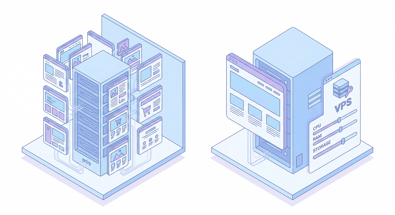 Isometric illustration comparing shared hosting with multiple websites on one server versus VPS with dedicated virtual resources