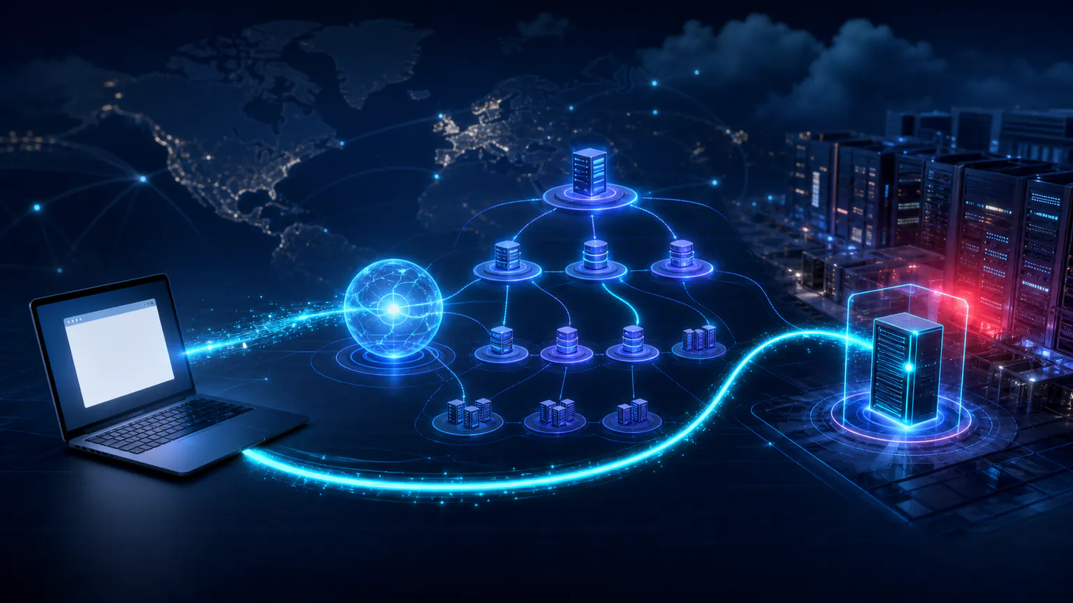Cinematic illustration of DNS resolving a browser request through hierarchical servers to the correct destination