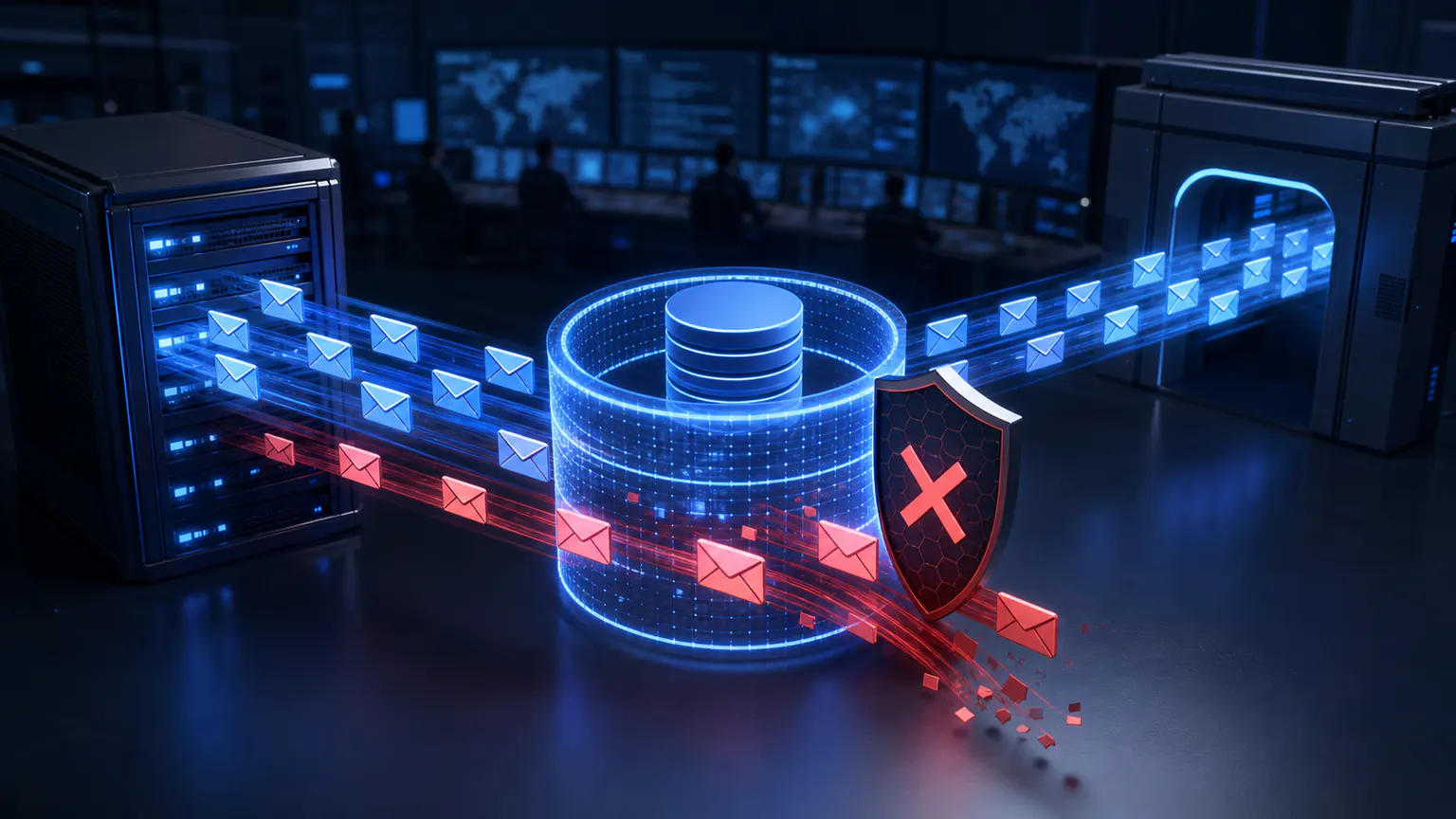 Cinematic illustration of a DNS blocklist allowing clean email while blocking suspicious messages