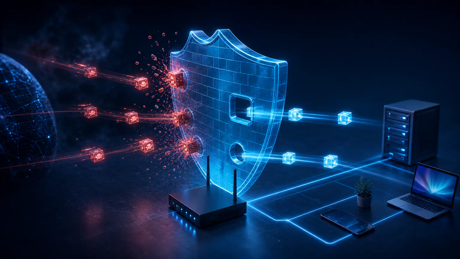 Cinematic illustration of a firewall allowing safe network packets while blocking malicious traffic