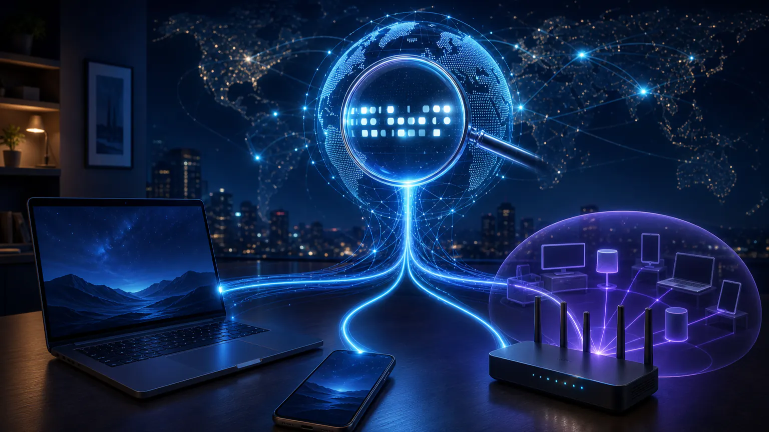 Cinematic illustration of devices and a router connecting to a globe while a magnifying lens reveals a public IP address