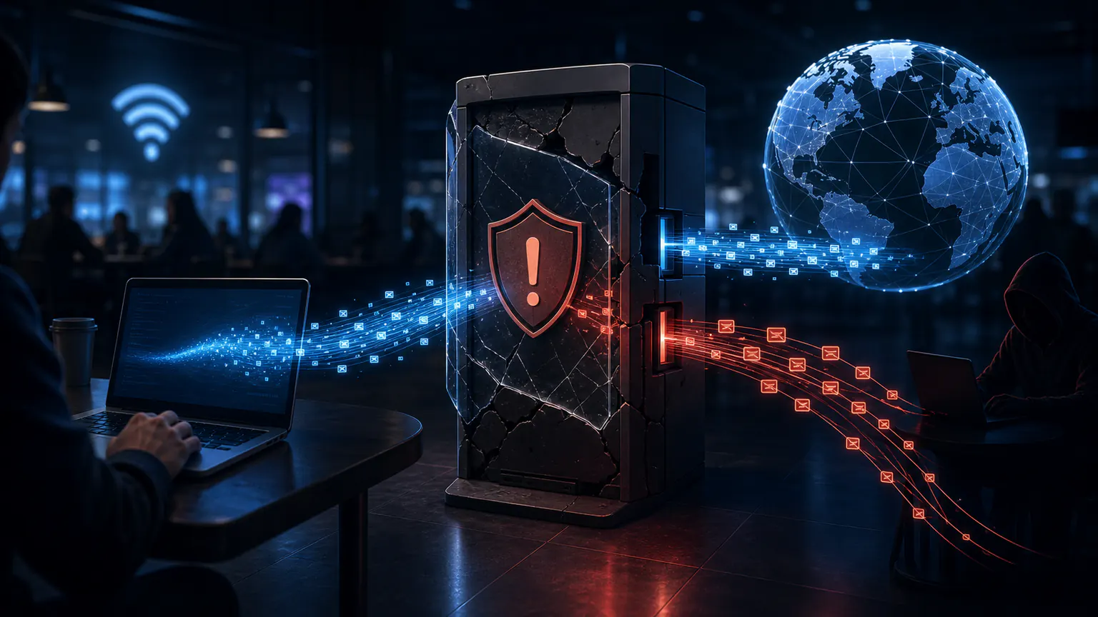 Cinematic illustration of a cracked free proxy leaking data to an attacker while traffic crosses the internet