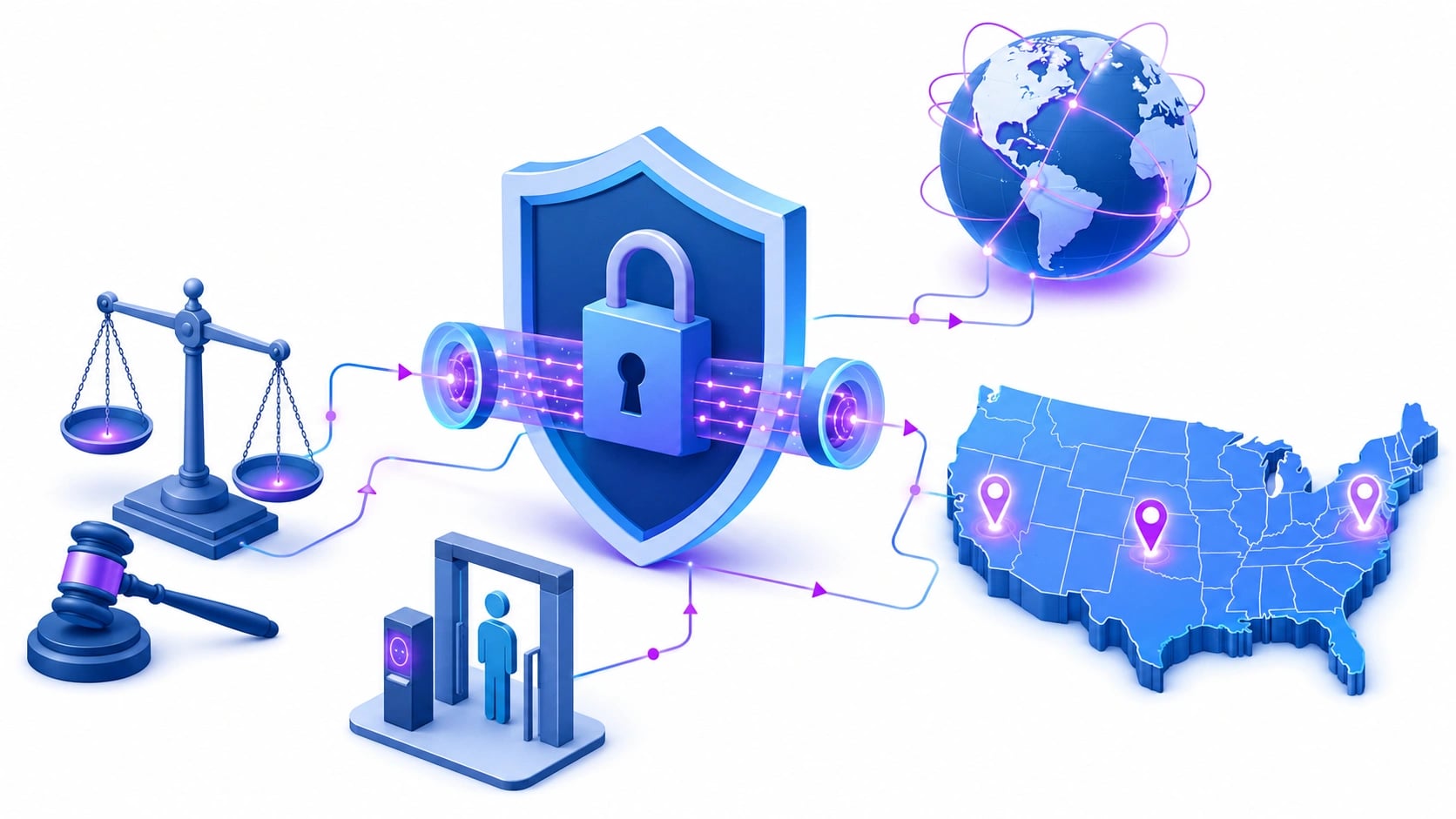 Illustration weighing VPN legality - a privacy shield balanced against scales of justice and US state laws