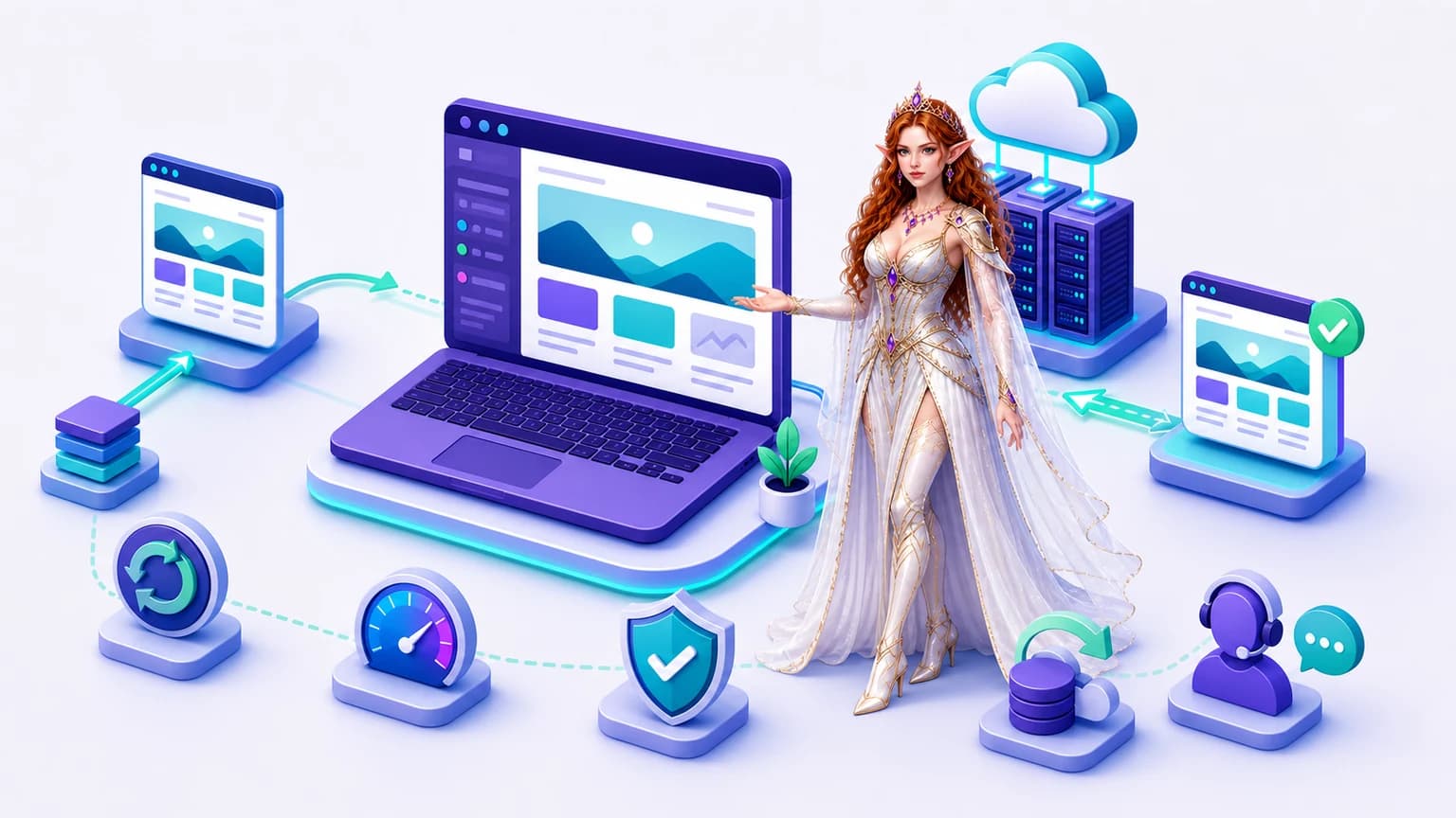 Lily presenting managed WordPress hosting with a dashboard, staging, backups, performance tools, and cloud servers