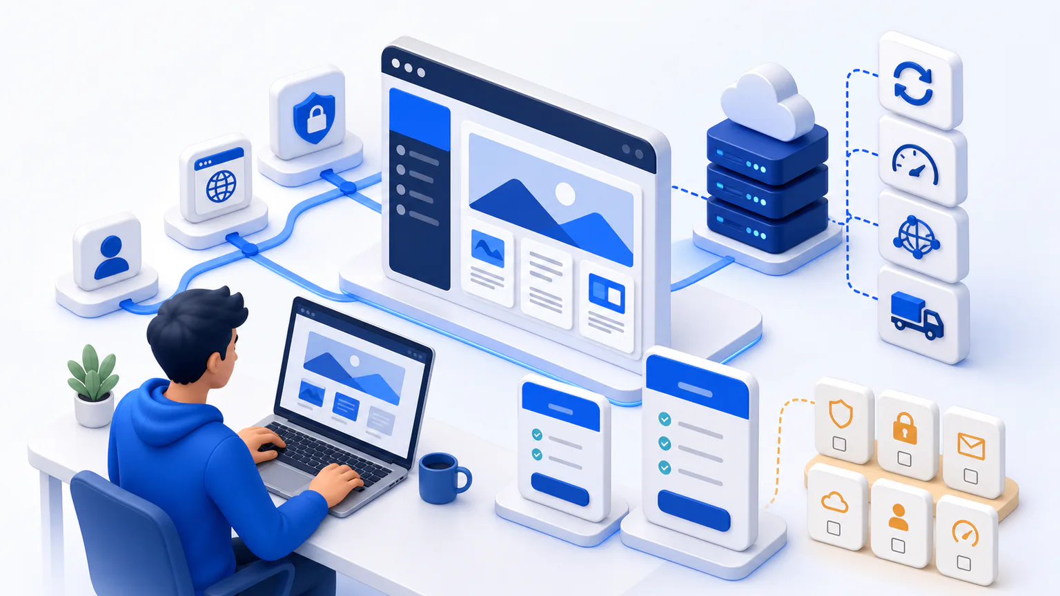 Bluehost hosting review with a beginner website dashboard, managed cloud servers, security tools, and pricing and checkout add-on cards