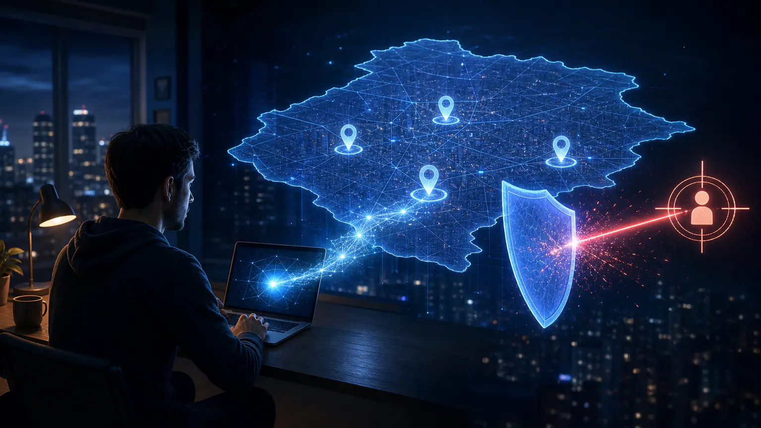 Cinematic illustration showing an IP address revealing only an approximate map area while a shield blocks precise tracking