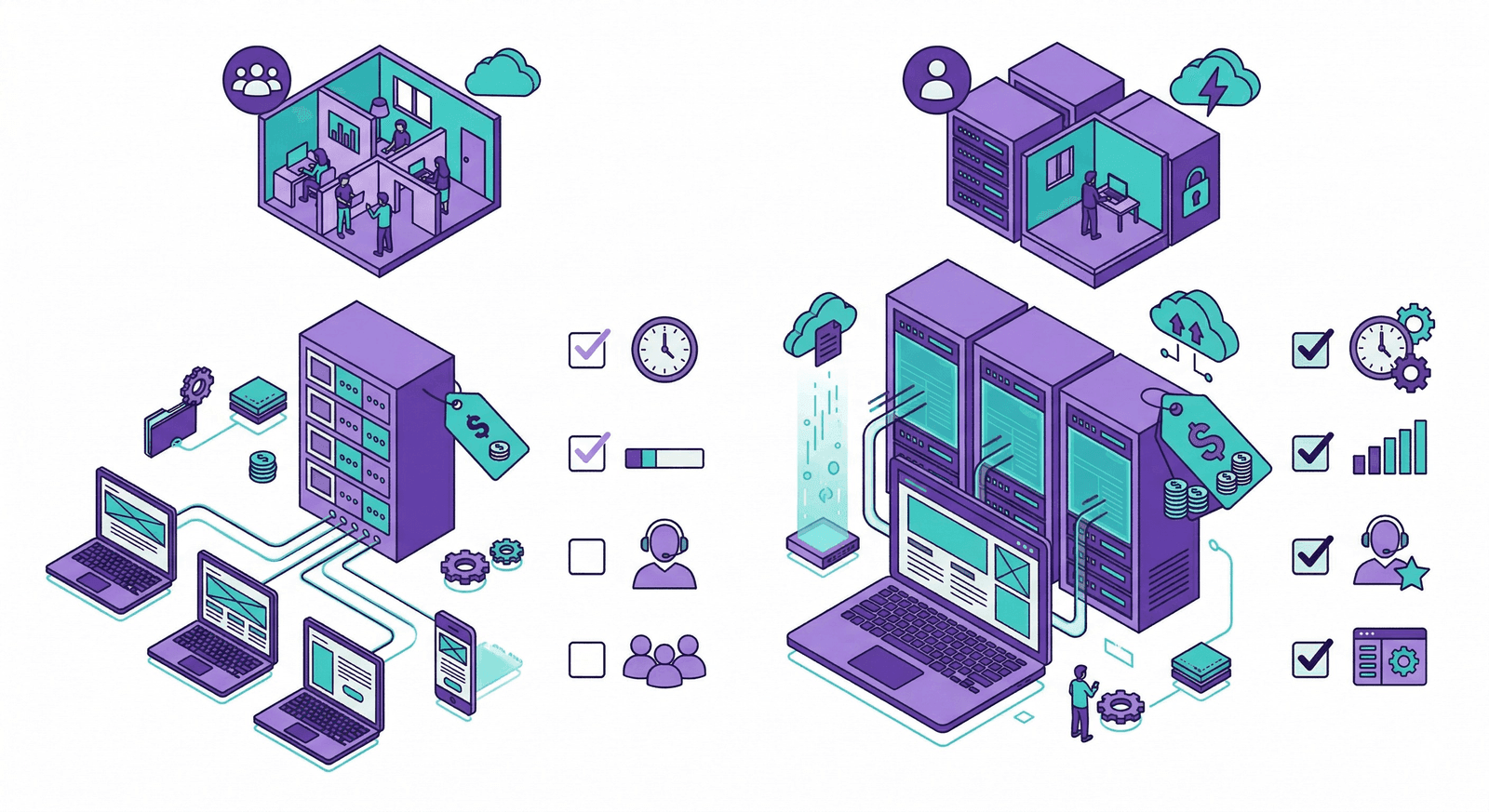 Isometric illustration of web hosting options with server racks, pricing tags, and a decision checklist