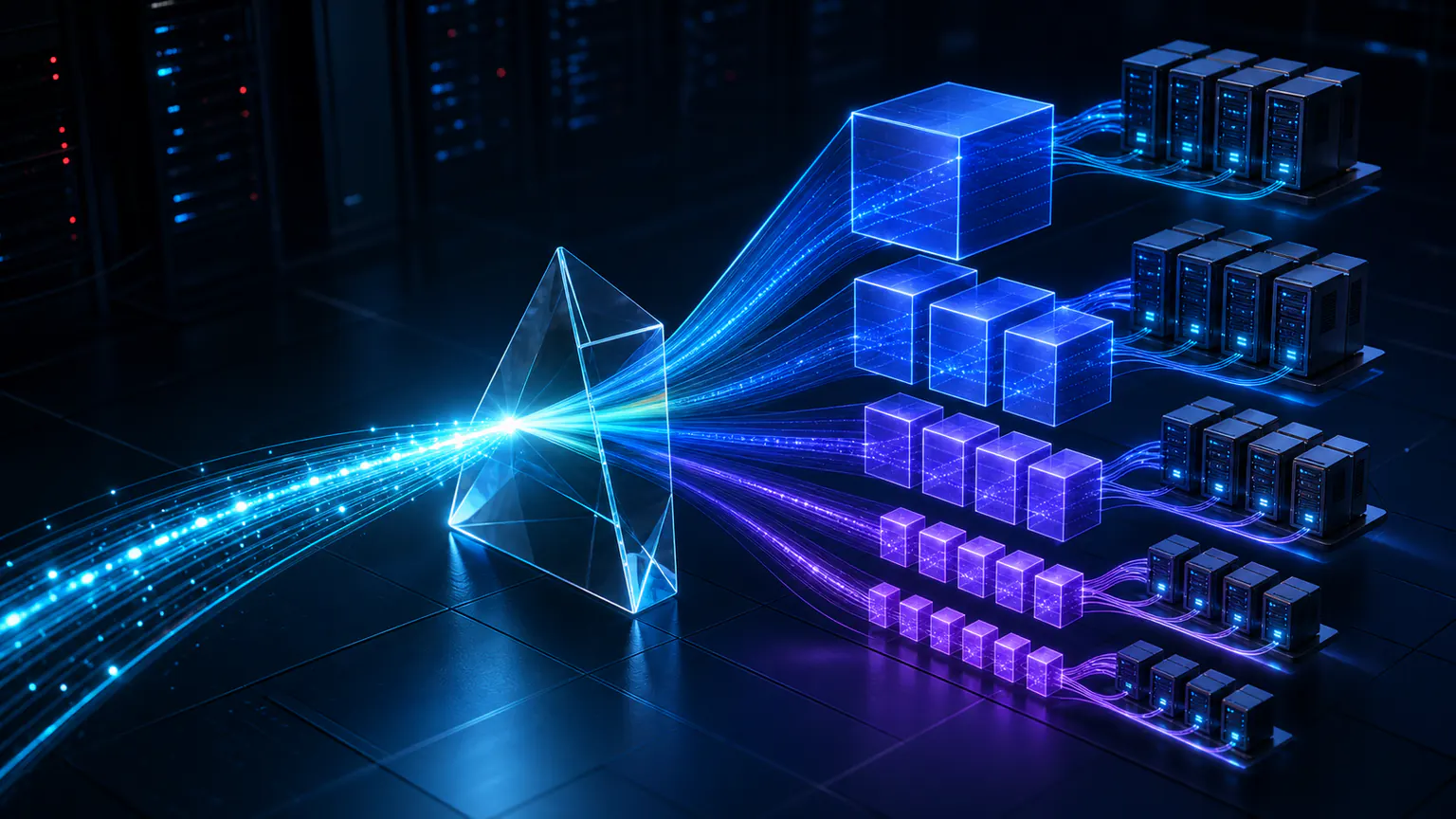 Cinematic illustration of a network address range dividing into organized subnet blocks and server groups