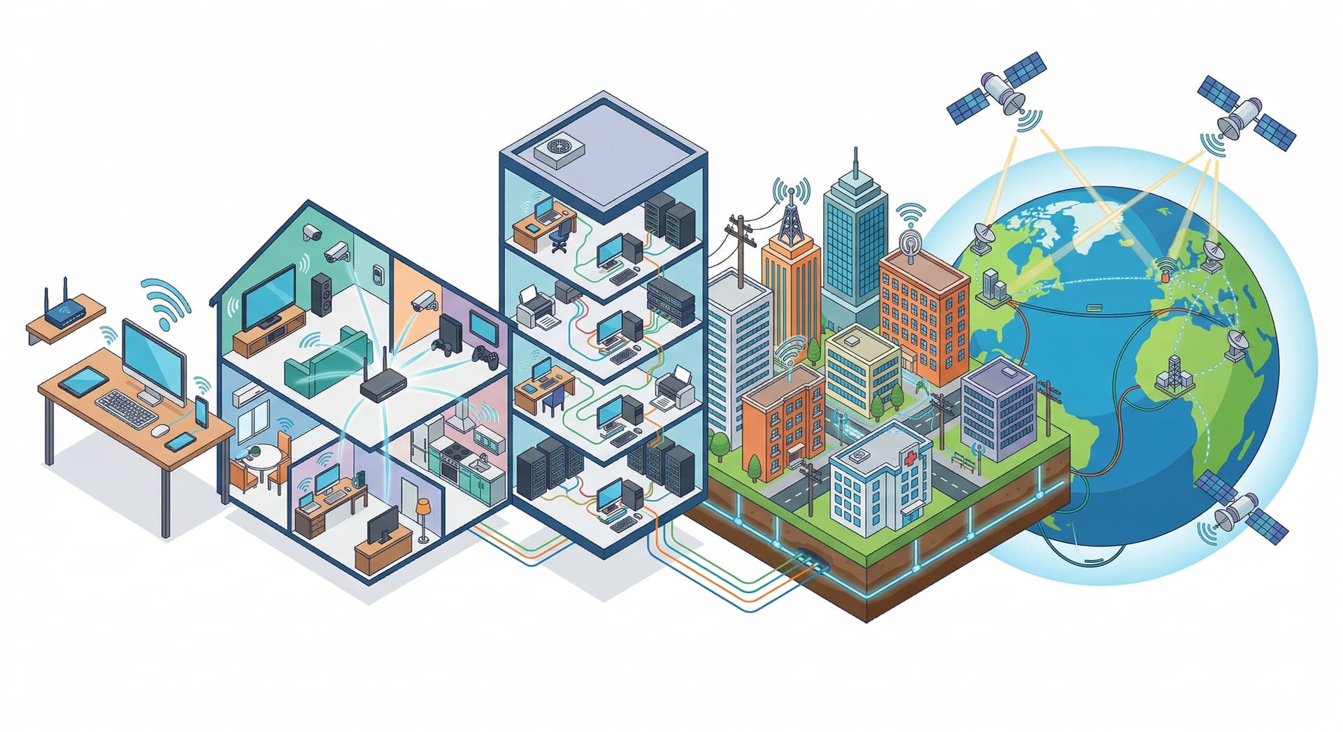 Isometric illustration showing different types of computer networks from personal devices to global connections