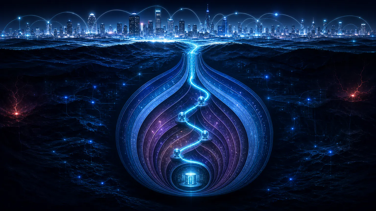Cinematic illustration of layered anonymous routing through an onion network beneath the public web