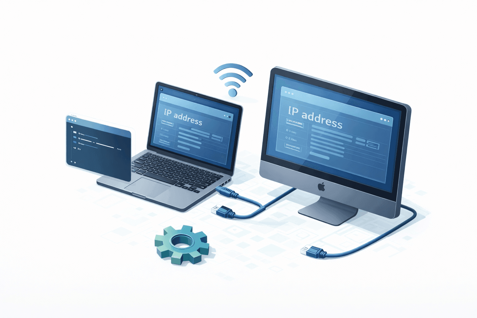 Isometric illustration of a MacBook showing IP address lookup in System Settings and Terminal