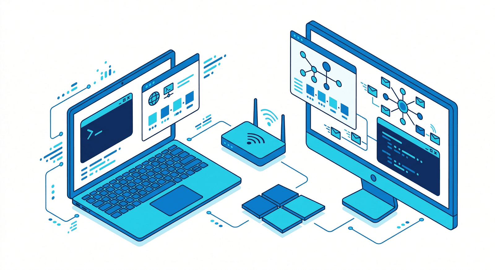 Isometric illustration of a Windows desktop showing IP address lookup in Settings, Command Prompt, and PowerShell