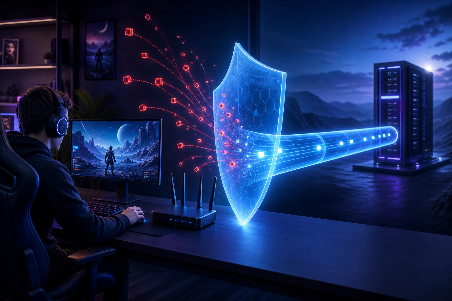 Gamer behind a glowing network shield that blocks hostile traffic while a protected connection reaches a game server