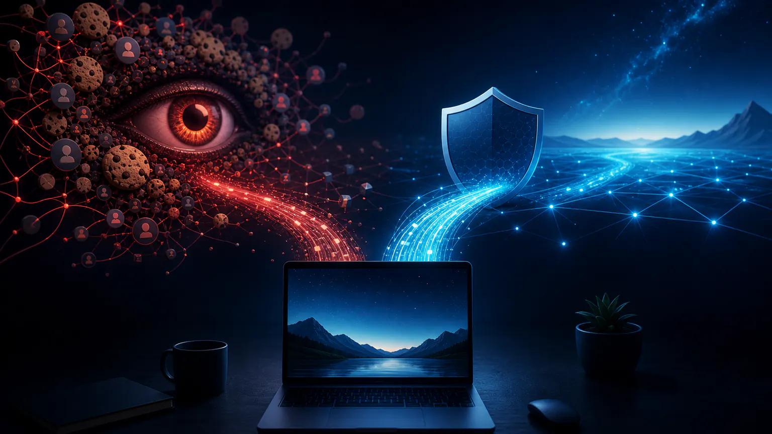 Cinematic illustration contrasting a tracking-heavy search path with a protected private browsing route