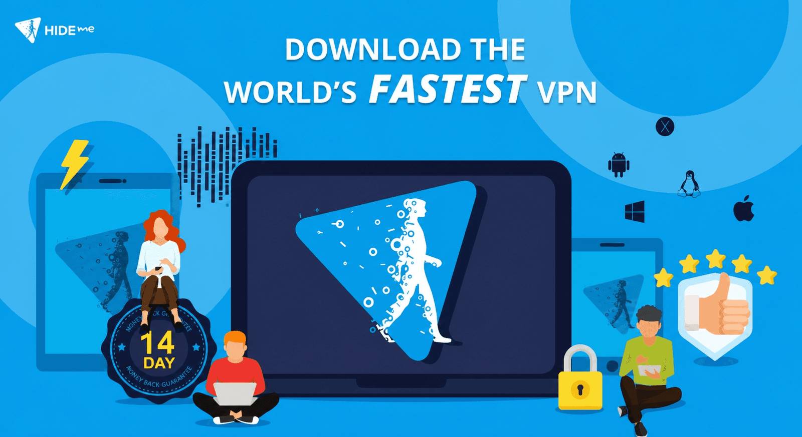 hide.me VPN promotional banner showing speed, privacy features, and multi-platform support
