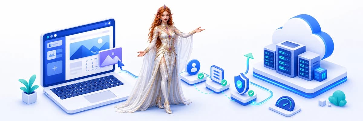 Lily guiding a beginner-friendly website setup connected to secure cloud hosting