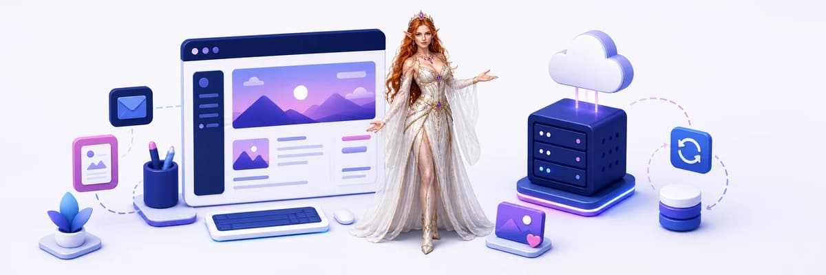 Lily presenting content publishing connected to reliable hosting, email, and backups