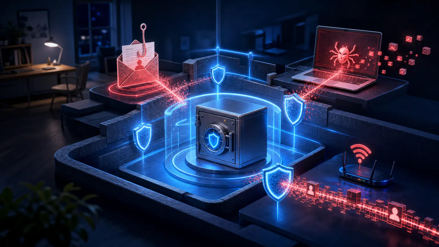 Cinematic illustration of phishing, malware, and unsafe network attacks targeting a protected data vault