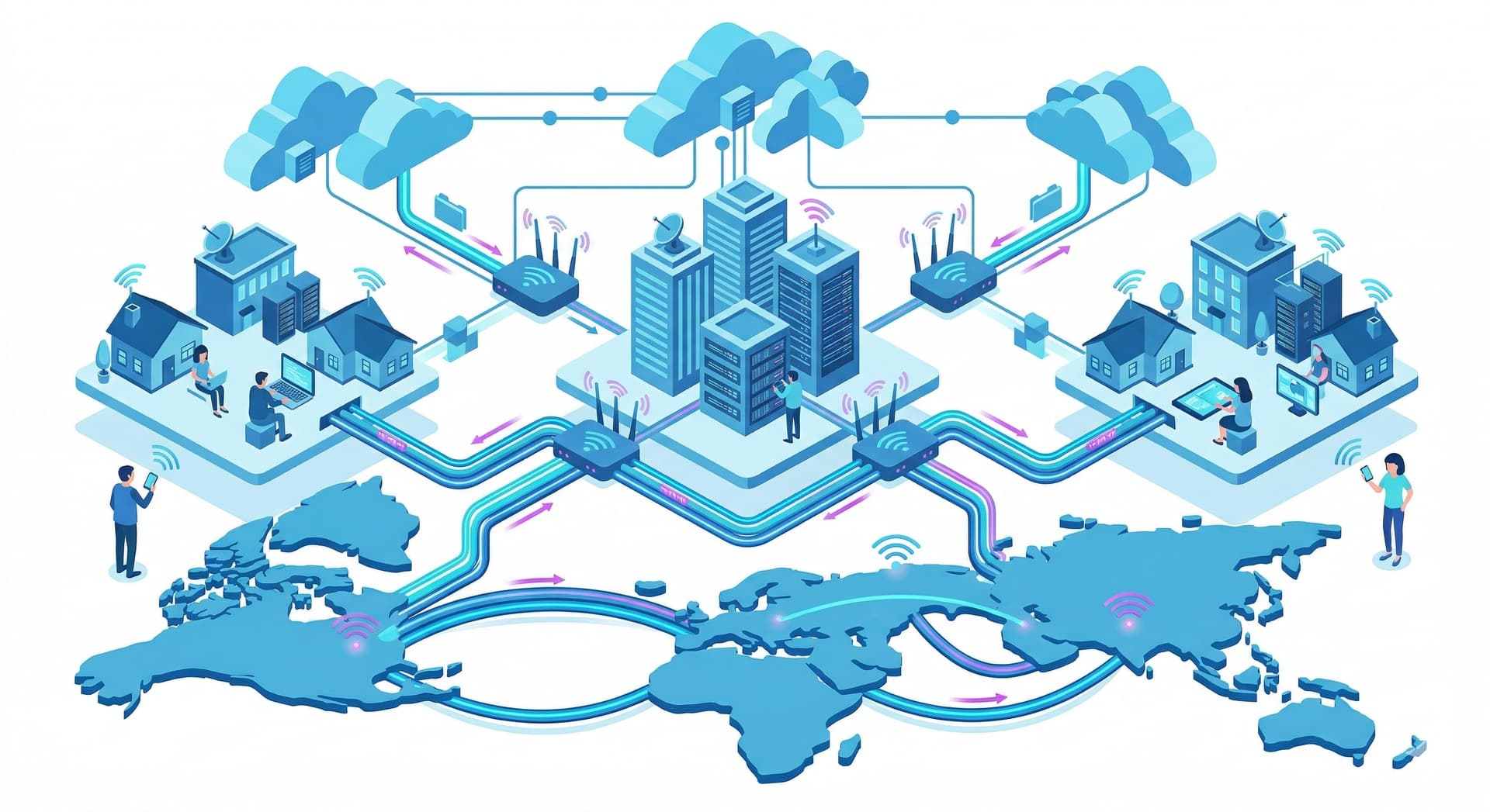 Isometric illustration of the internet connecting routers, servers, clouds, homes, and continents through cables and wireless links