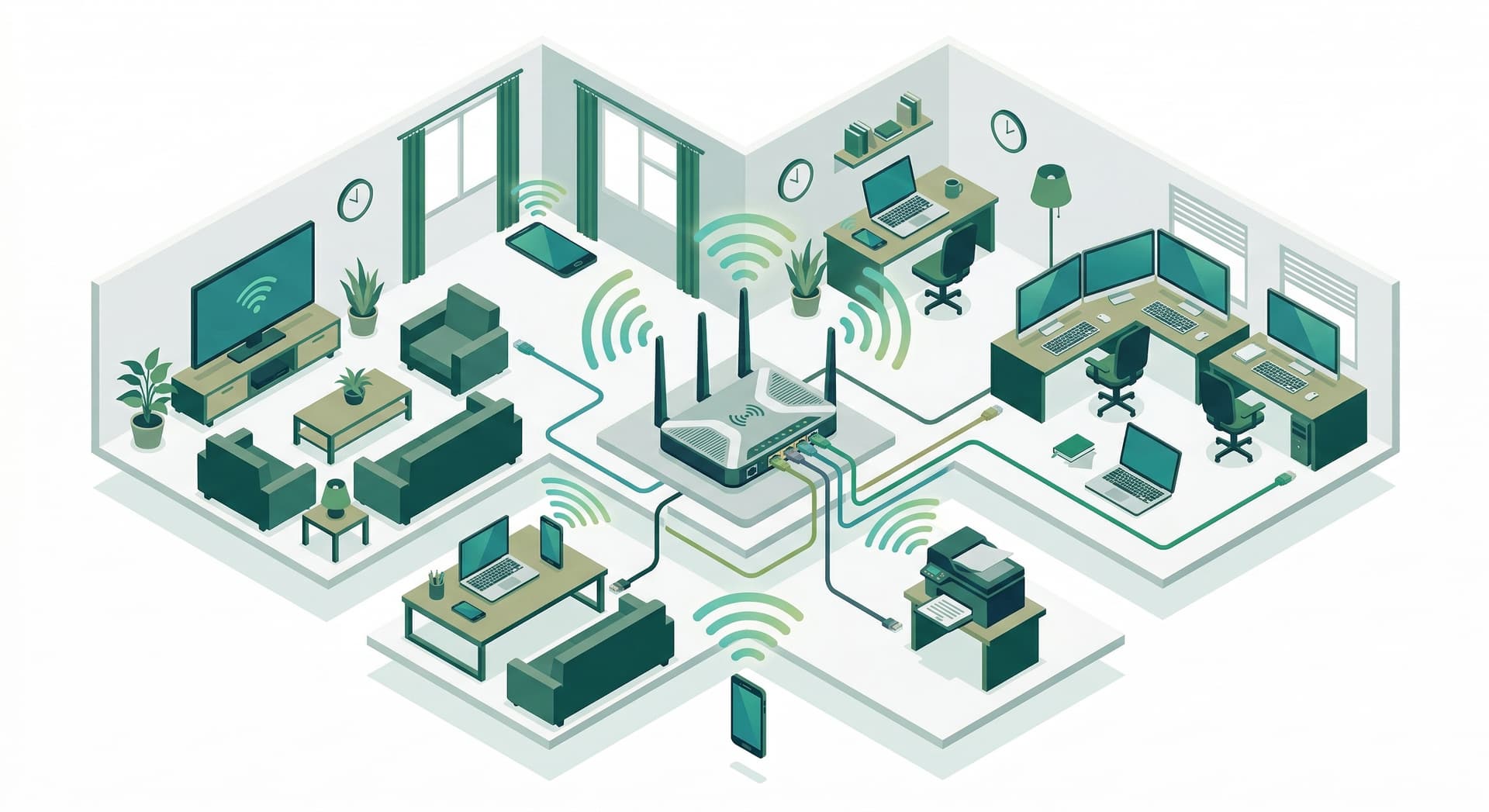 Isometric illustration of a local area network with a router connecting laptops, computers, printer, and smart devices
