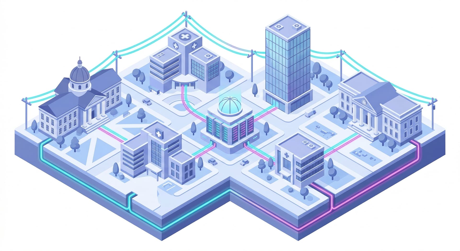 Isometric illustration of a metropolitan area network connecting city buildings with fiber optic links