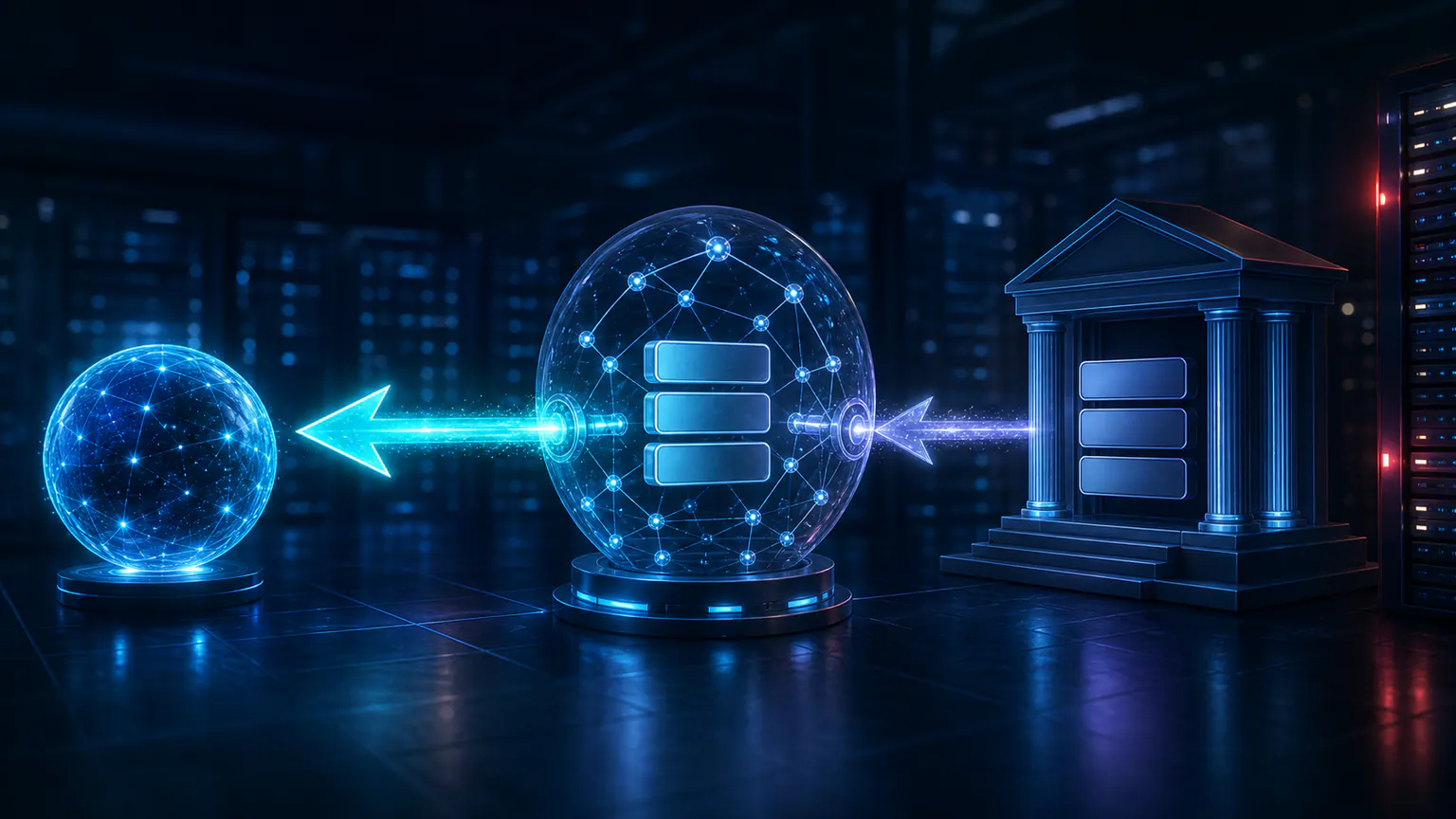 Cinematic illustration of a reverse DNS PTR record mapping an internet address back to a server hostname