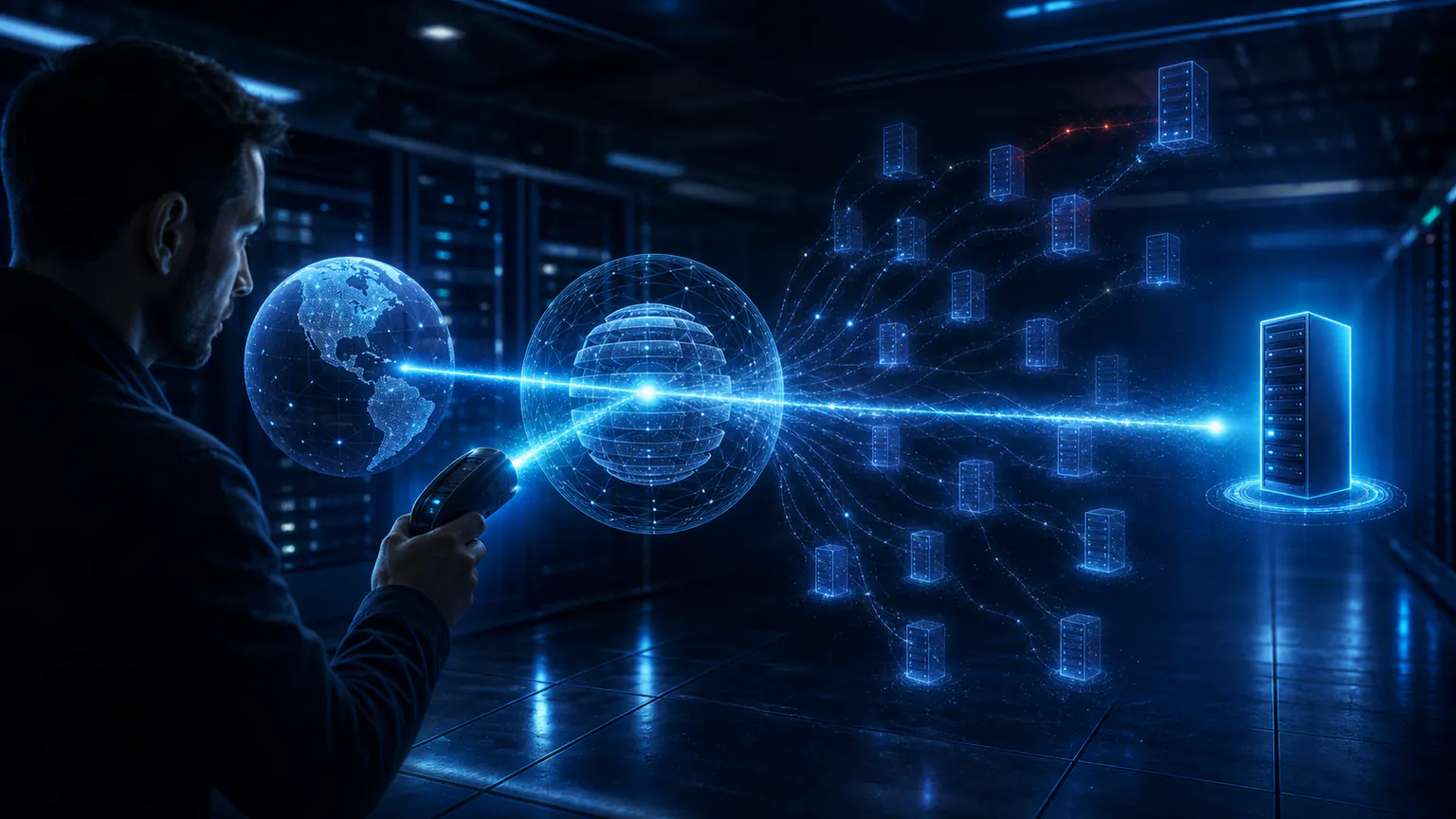 Cinematic illustration of a reverse DNS lookup tracing an internet endpoint back to one verified server