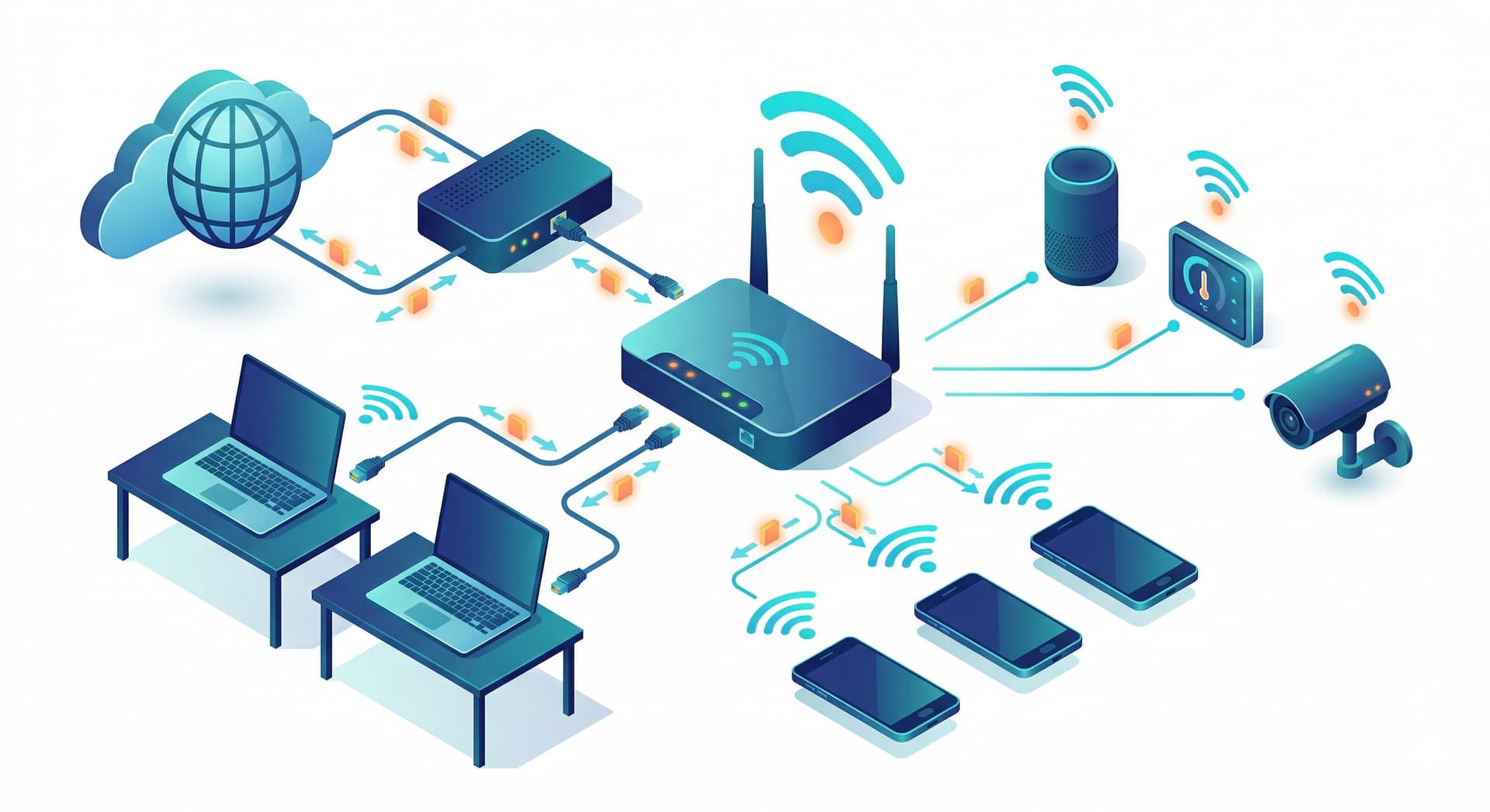 Isometric illustration of a router connecting a modem, laptops, phones, and smart devices through wired and wireless links