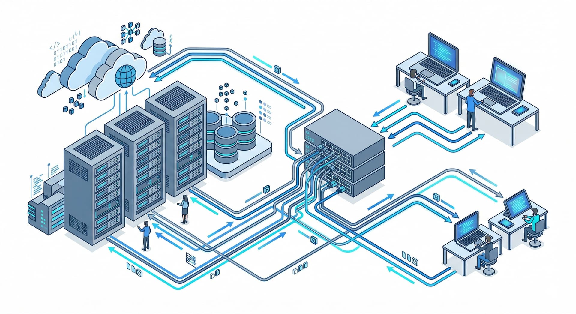 Isometric illustration of servers in a data center handling requests from websites, apps, and client devices