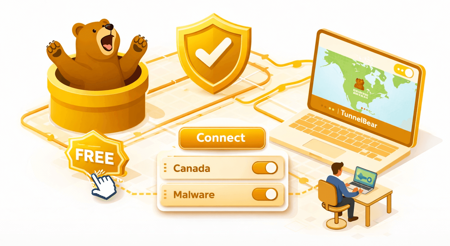 Isometric illustration of TunnelBear VPN with a friendly bear mascot, security audit shield, and laptop showing map interface
